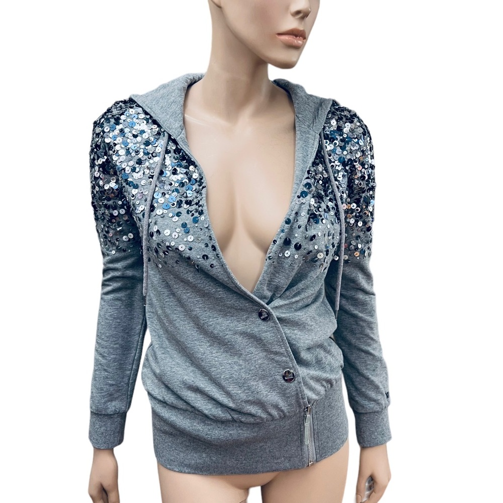LOVE MOSCHINO METALLIC Sequins Silver Hoodie Size 2 US 96% Cotton 4% Elastane - Picture 14 of 16